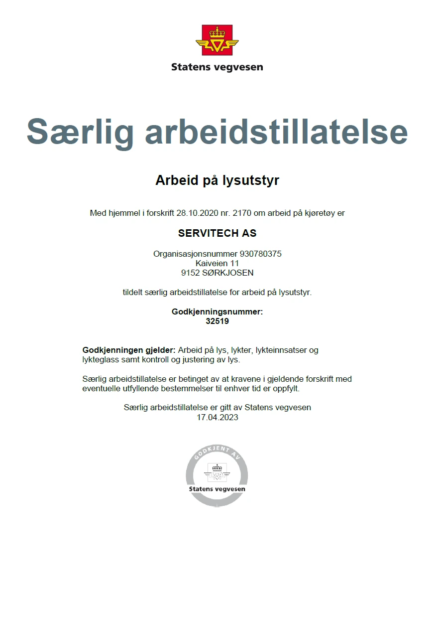 Særlig arbeidstillatelse – arbeid på lysutstyr