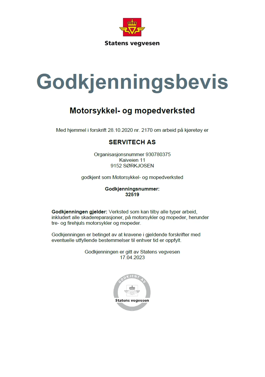 Godkjenningsbevis – motorsykkel- og mopedverksted fra Statens vegvesen