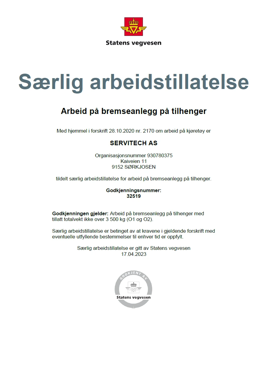Særlig arbeidstillatelse – arbeid på bremseanlegg på tilhenger